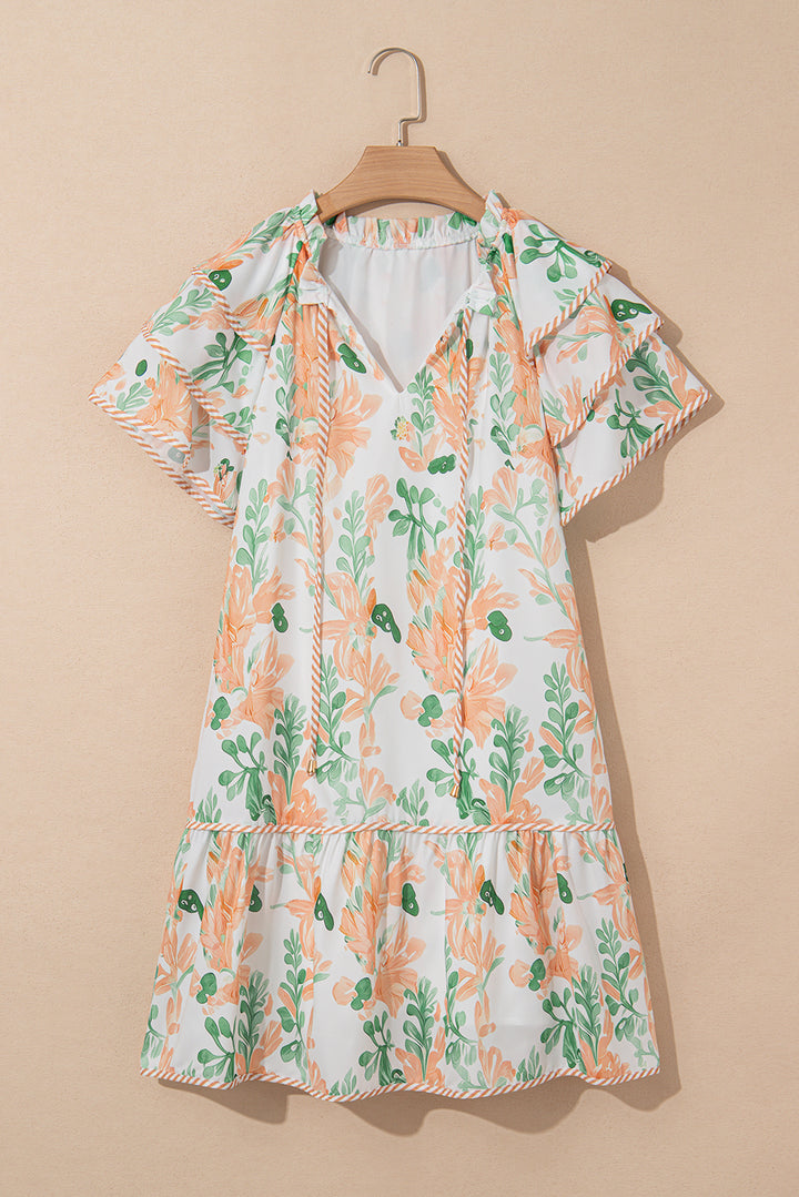 Mini-robe orange à manches courtes et bordures contrastées à fleurs