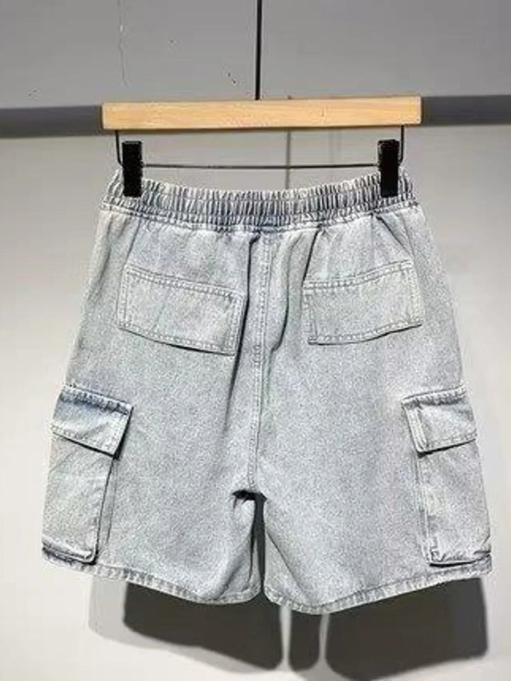 Men's Full Size Elastic Waist Washed Denim Cargo Shorts Plus Size