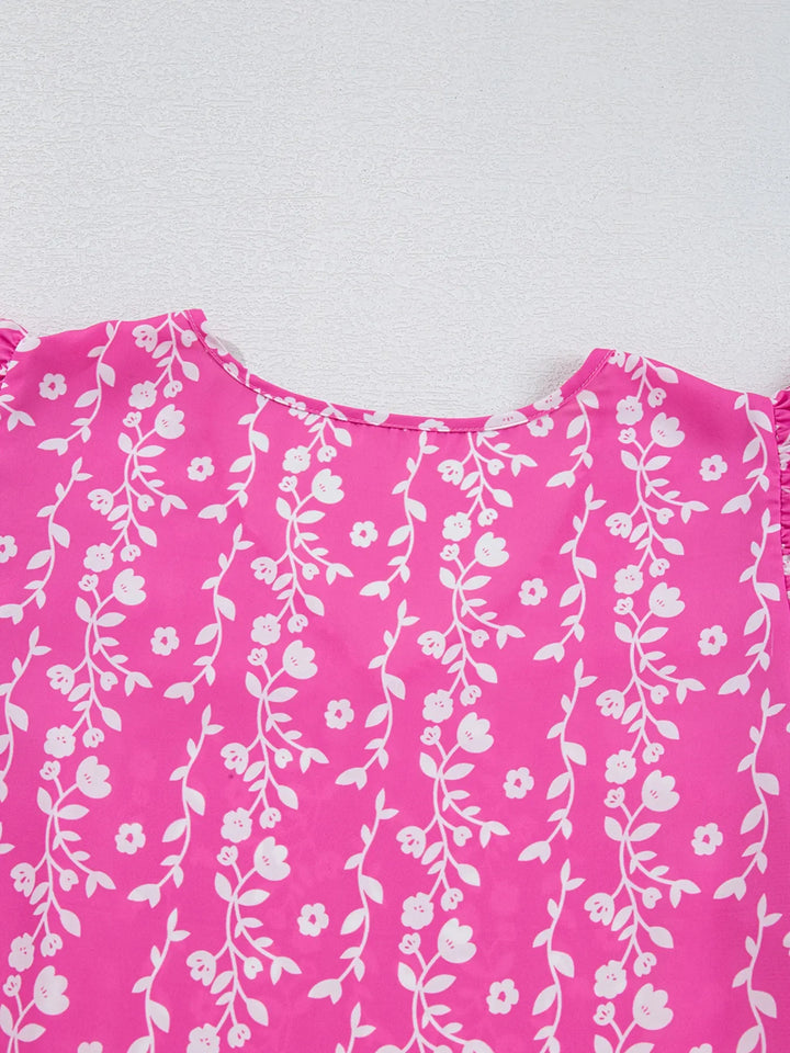 Floral Print Ric-rac Tiered Ruffled V Neck Blouse