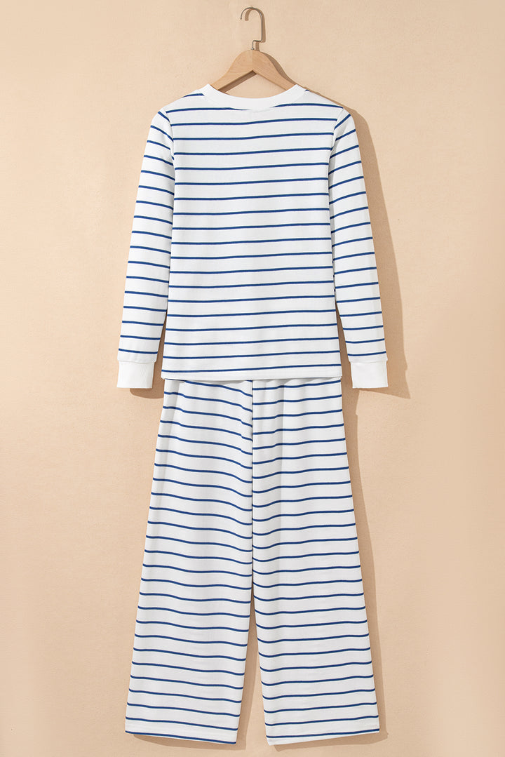 Sail Blue Striped Long Sleeve Top Drawstring Wide Leg Pants 2pcs Outfit