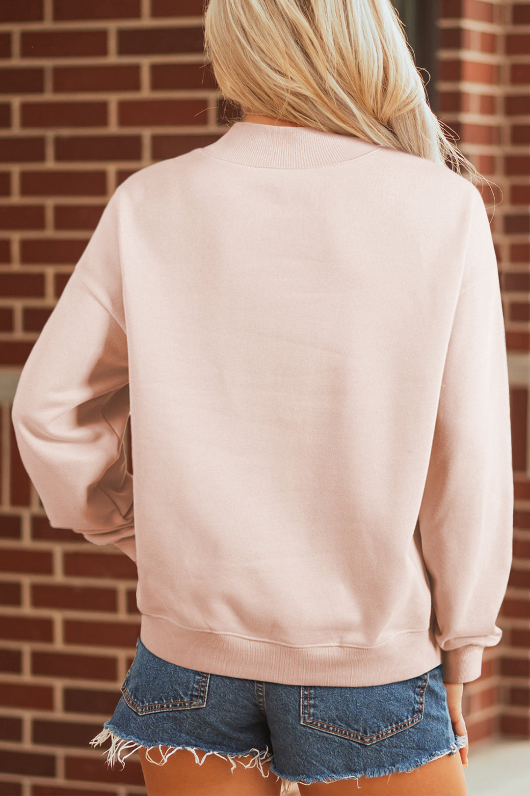 Apricot Pink Bow Knot Duck Faux Patchwork Printed Mock Neck Sweatshirt