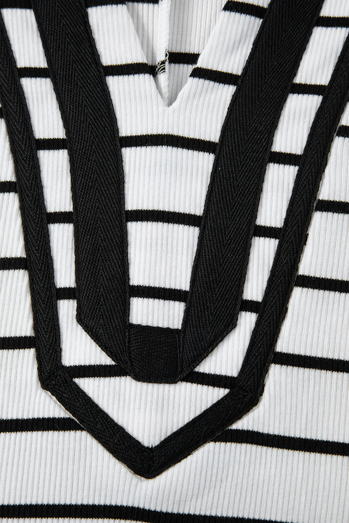 White Stripe Stand Collar V Neck Elastic Cuffs Half Sleeve Dolman Top