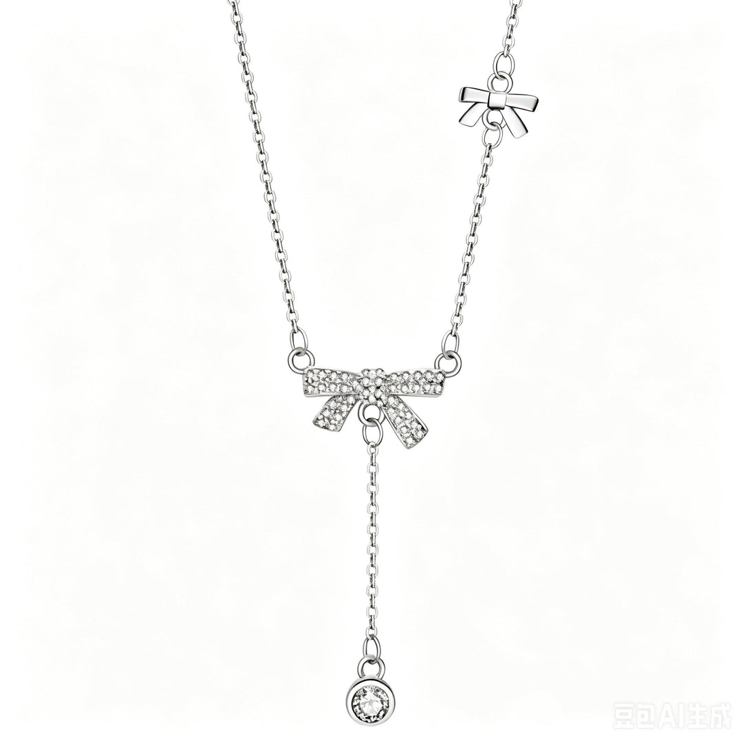 Dainty Pull Adjustable Sweater Chain For Women, Zircon Bow Y-Shape Tassel Long Necklace, Elegant Sweet Fashion Jewelry