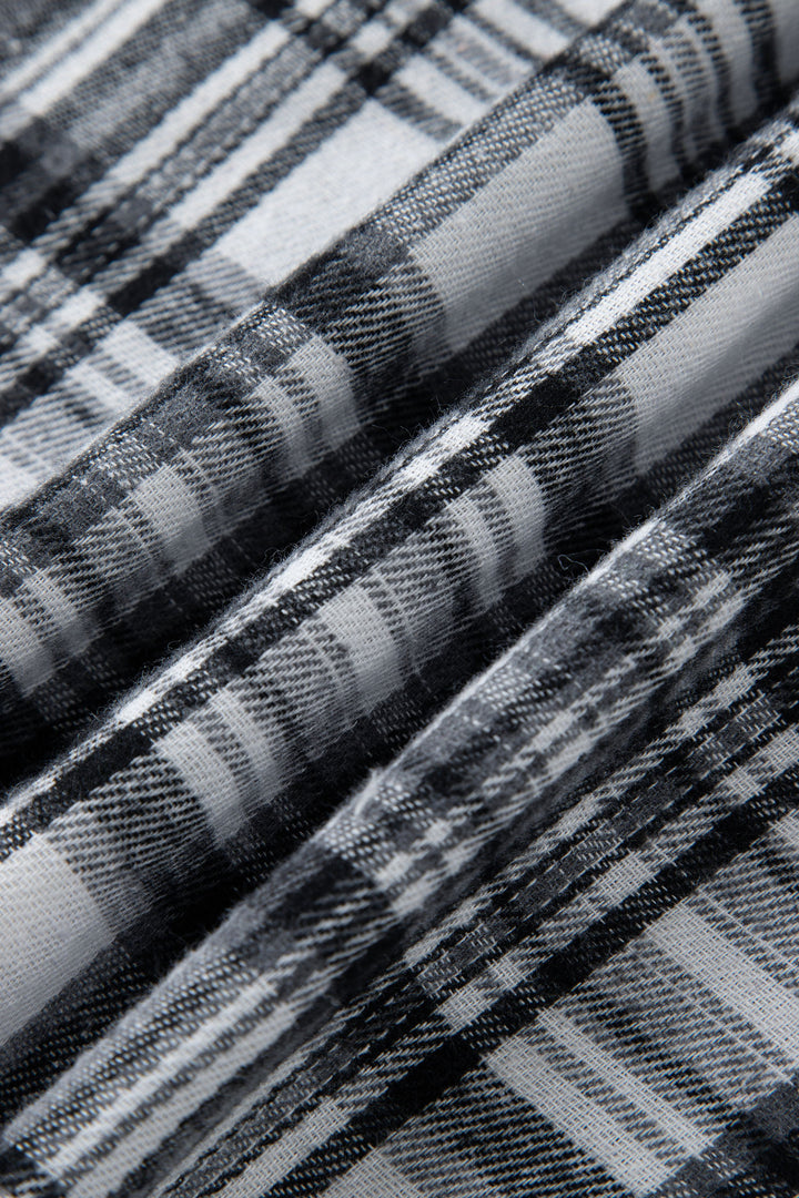 Gray Plaid Patchwork Long Sleeve Button Hooded Blouse