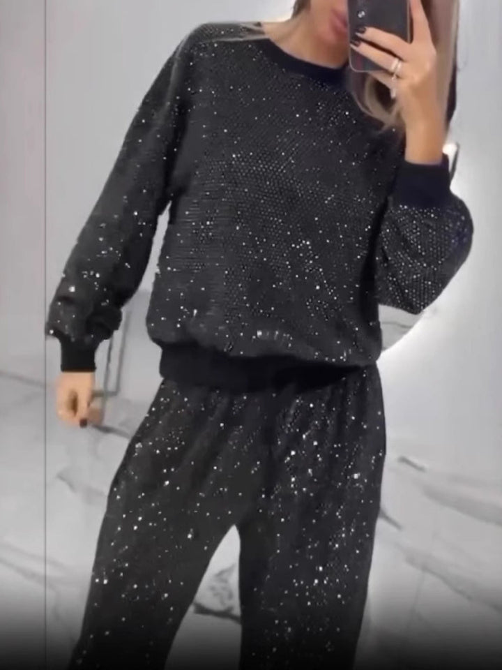 Full Size Sequin Round Neck Top and Pants Set Plus Size