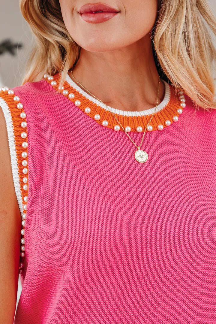 Bright Pink Contrast Trim Pearl Detail Sweater Tank Top