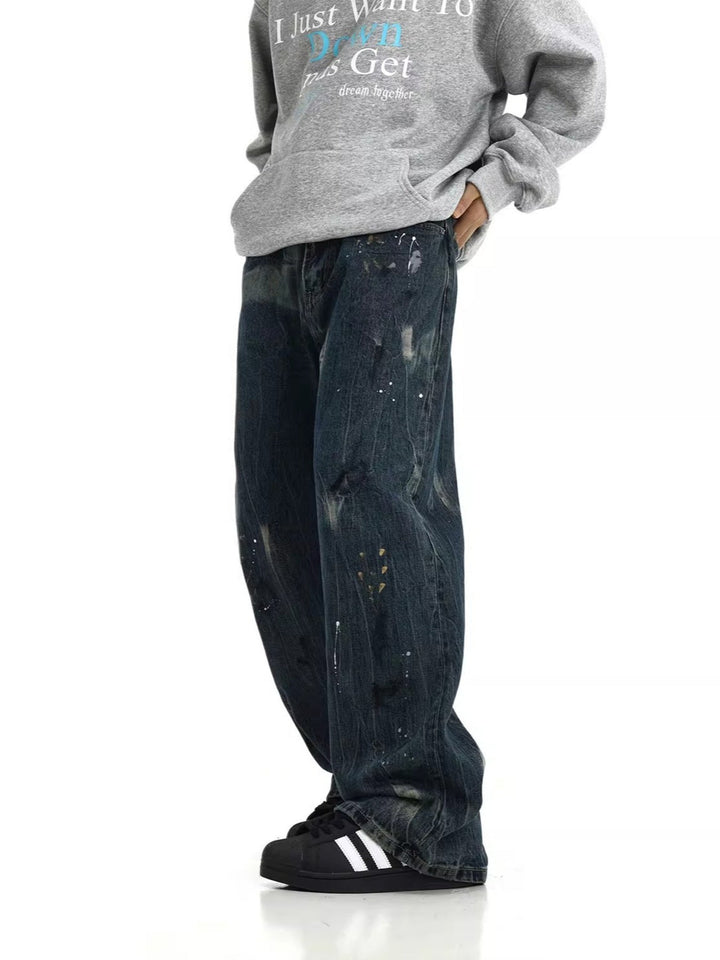 Men's Full Size Paint-Splattered Wide Leg Jeans Plus Size
