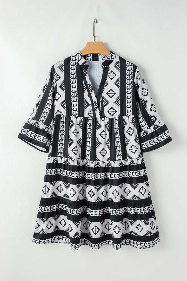 Geometric Print Ruffle Hem Mini Dress