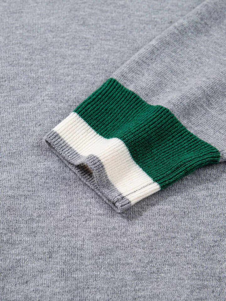 Contrast Striped Trim V Neck Varsity Sweater
