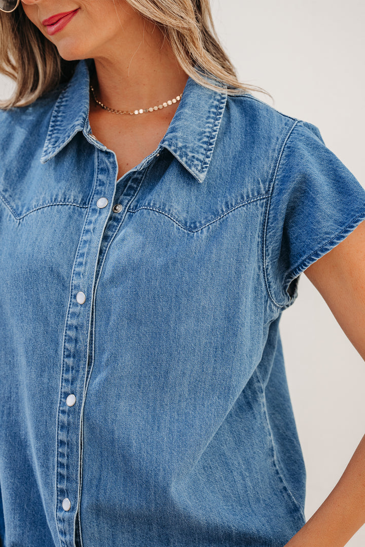 Dusk Blue Ruffled Short Sleeve Denim Shirt