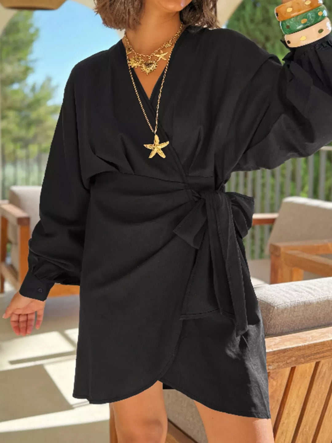 Plus Size Surplice Long Sleeve Wrap Mini Dress