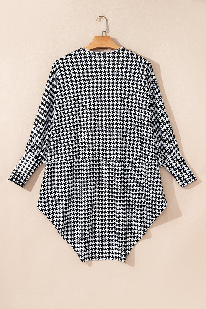 Black Houndstooth Print Open Front Long Dolman Kimonos