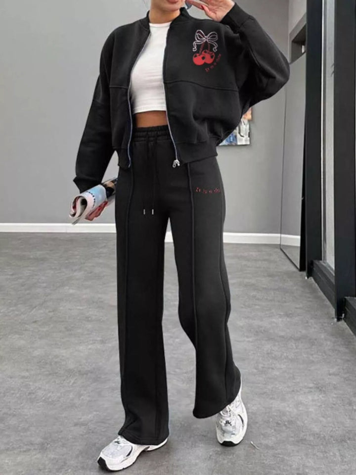 Zip Up Dropped Shoulder Outerwear and Pants Set