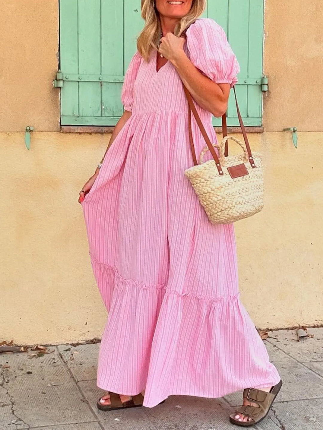 Striped Puff Sleeve V-Neck Maxi Dress