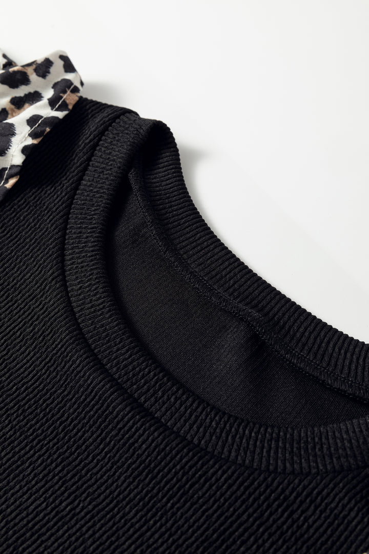 Black Contrast Leopard Ruffled Short Sleeve Ribbed Knit Top