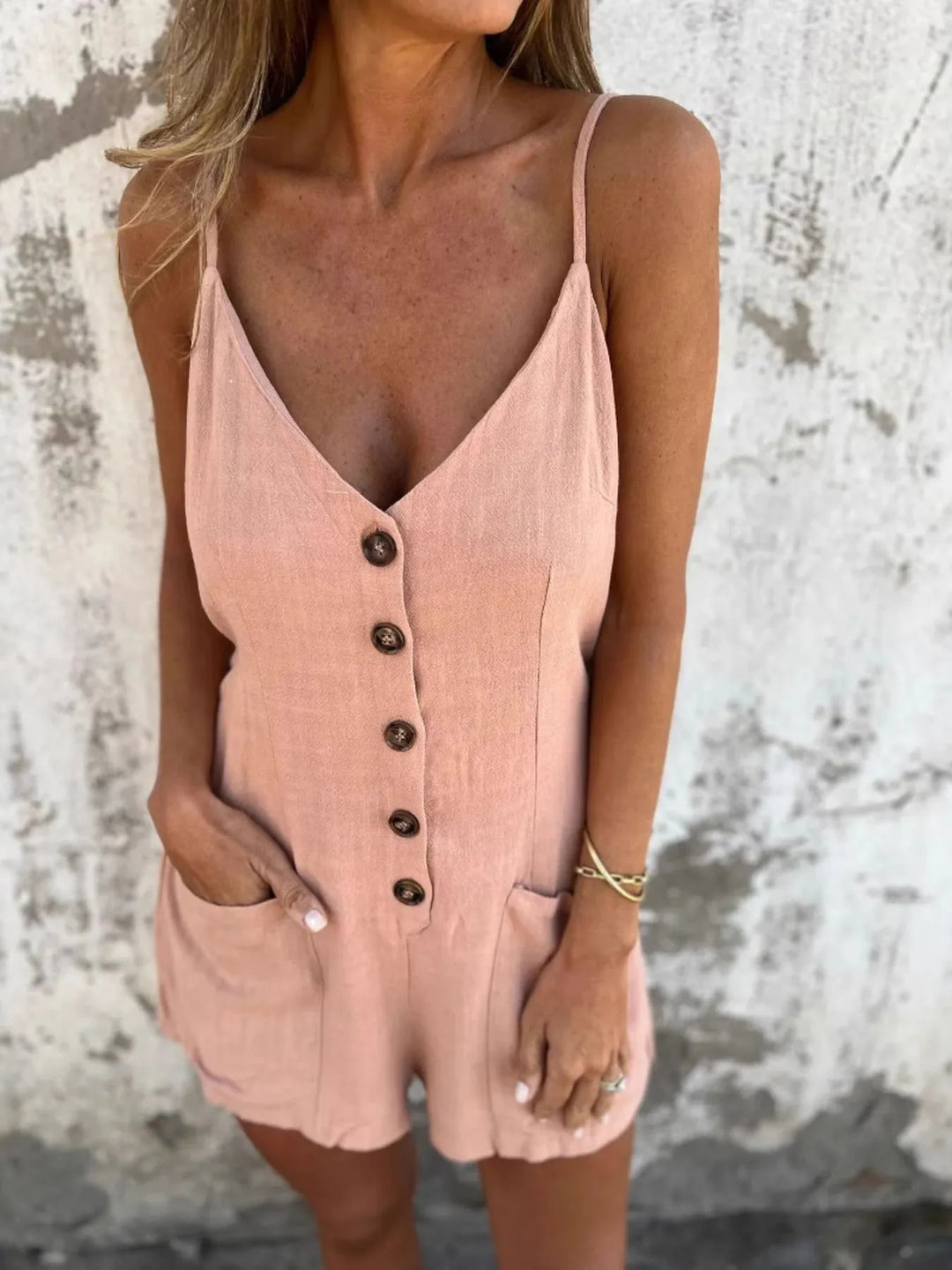 Full Size Button-Front Belted Cami Romper Plus Size