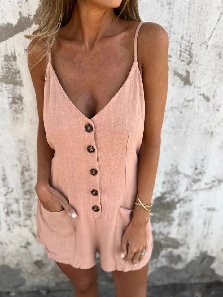 Full Size Button-Front Belted Cami Romper Plus Size