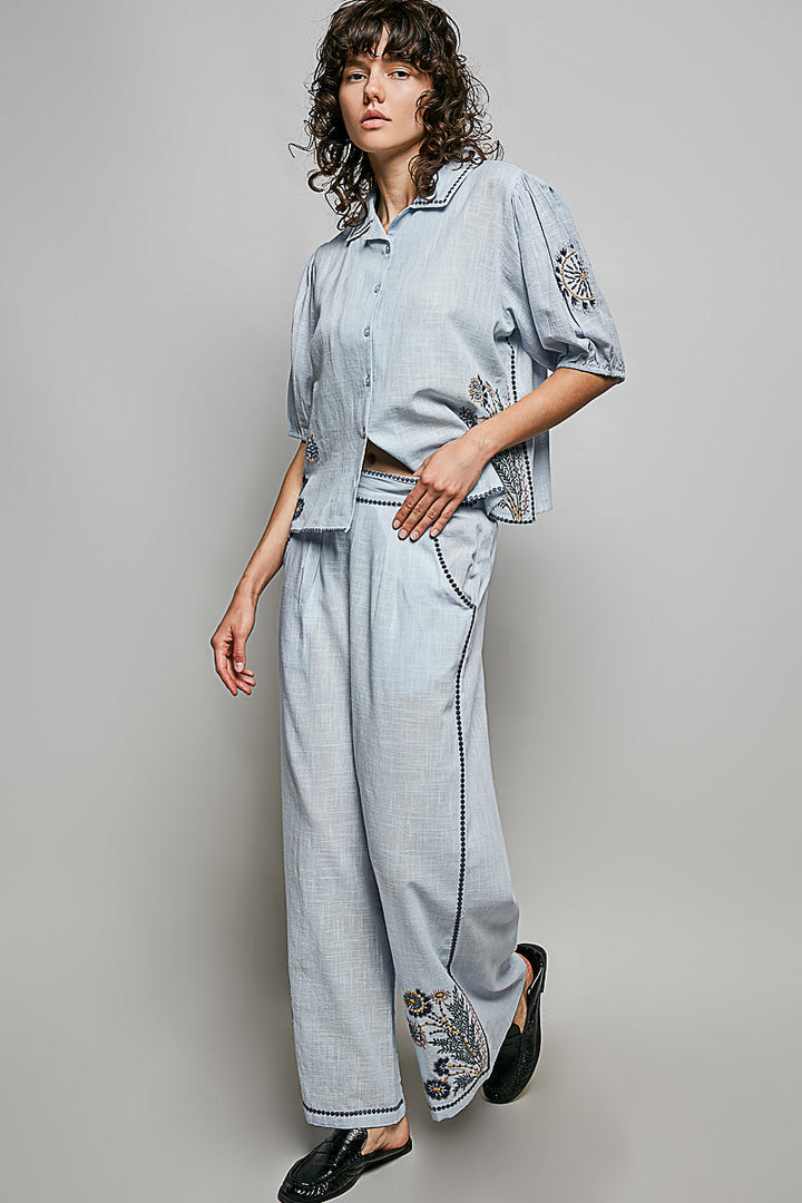 POL Button Down Embroidered Floral Short Sleeve Shirt