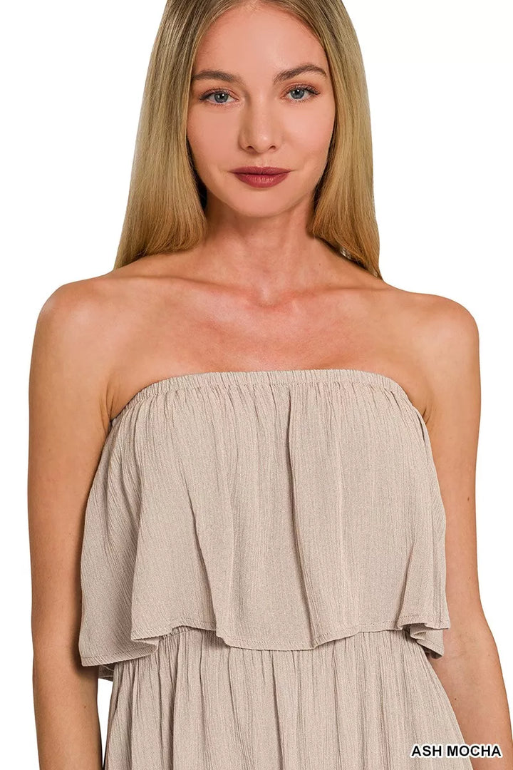 Zenana Woven Crinkle Strapless Maxi Dress