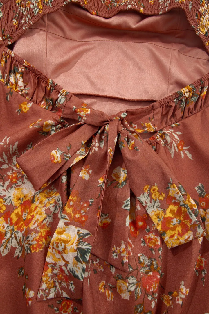 Floral Puff Sleeve Square Neck Knot Open Back Mini Dress