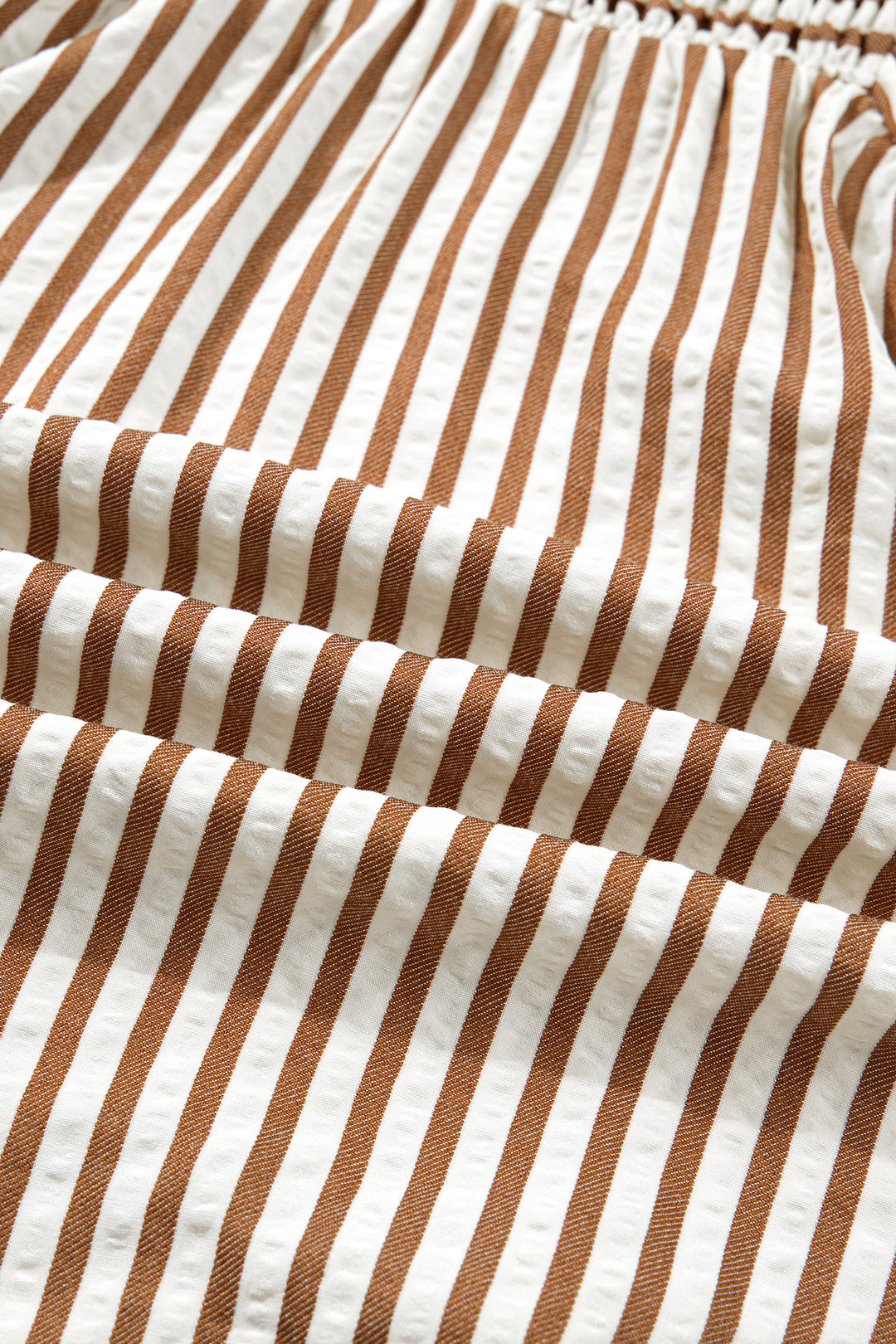 Brown Stripe Shirred V Neck Short Puff Sleeve Blouse