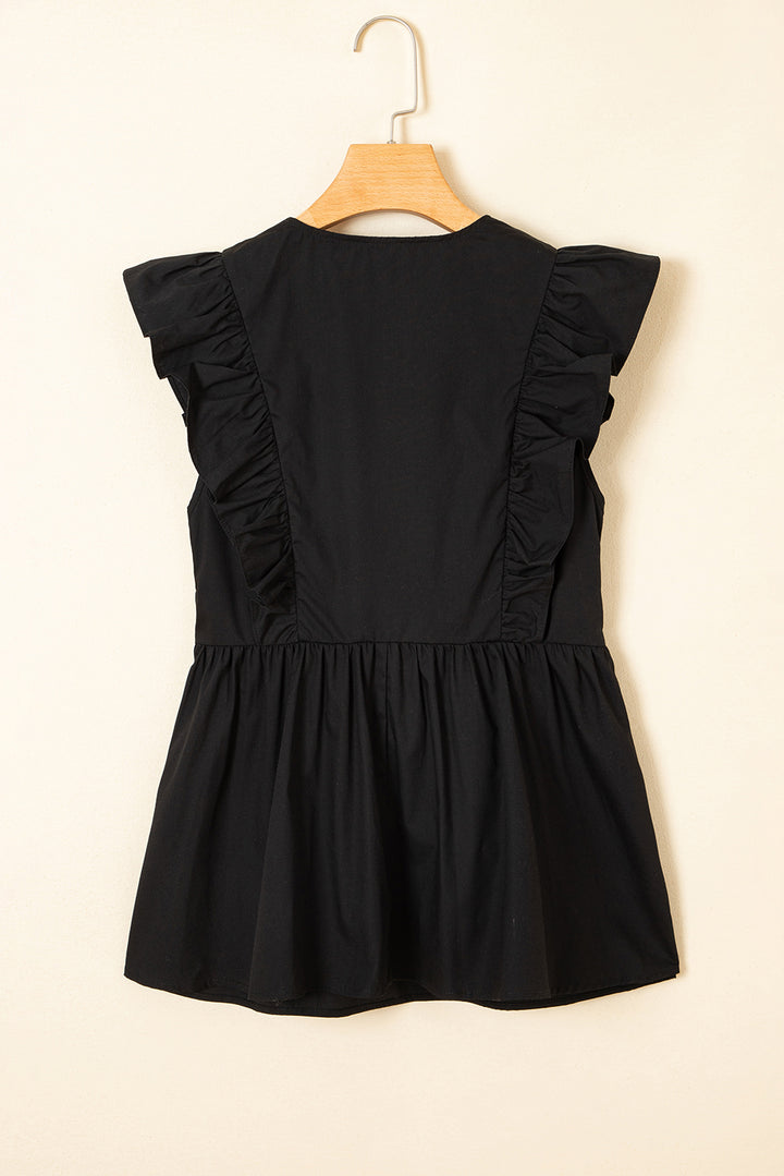 Black Contrast Ricrac Trim Ruffled V Neck Peplum Top
