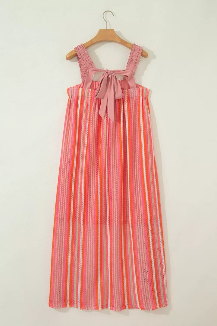 Stripe Ruffled Straps Ribbon Knot Flowy Vacation Maxi Dress