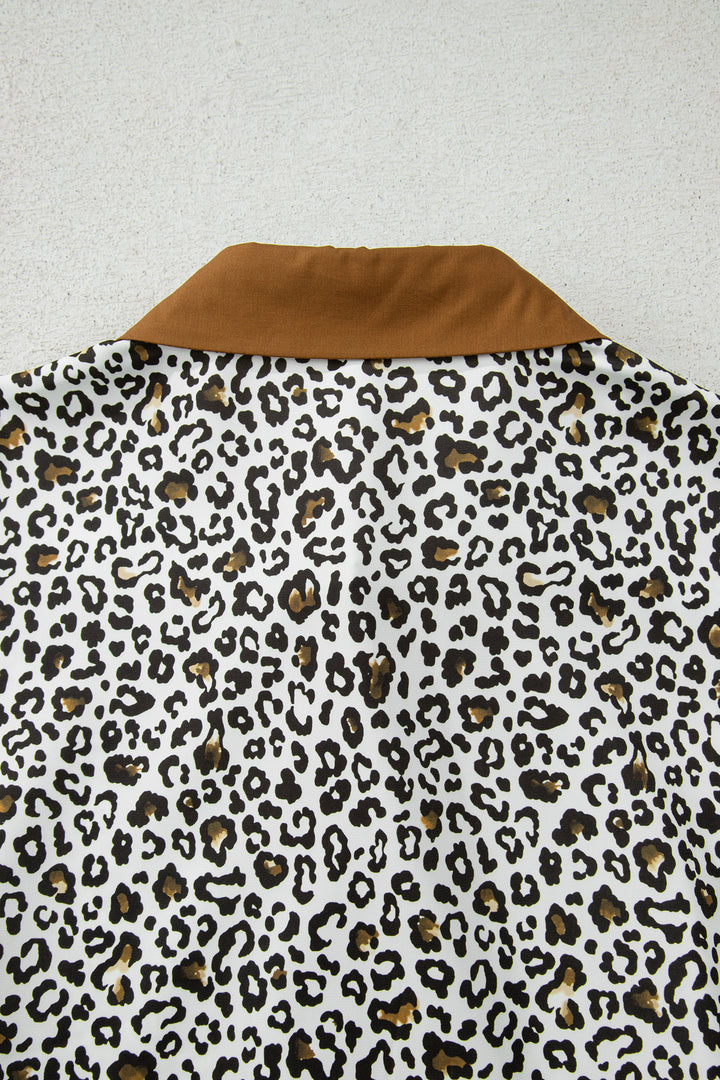 Khaki Plus Size Buttoned Contrast Trim Puff Sleeve Leopard Print Blouse