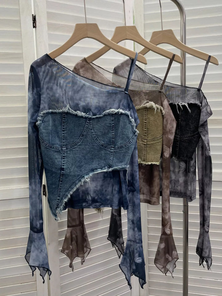 Asymmetrical Neck Denim Patchwork Top