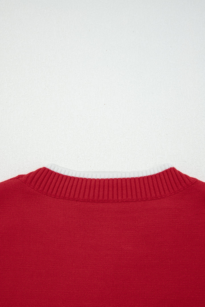 Fiery Red Contrast Trim Big Bow Accent Holiday Cropped Sweater