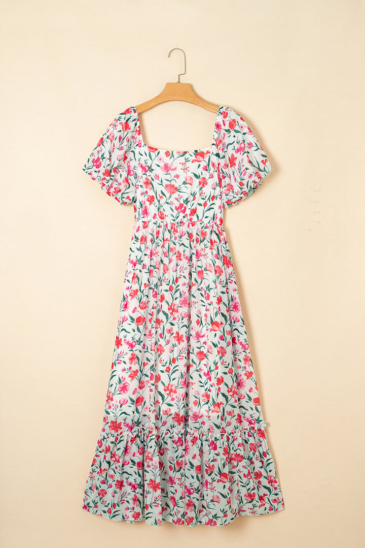 Pink Floral Puff Sleeve Square Neck Empire Waist Tiered Maxi Dress