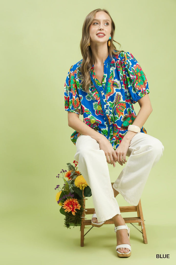 Umgee Floral Contrast-Trim Boho Blouse
