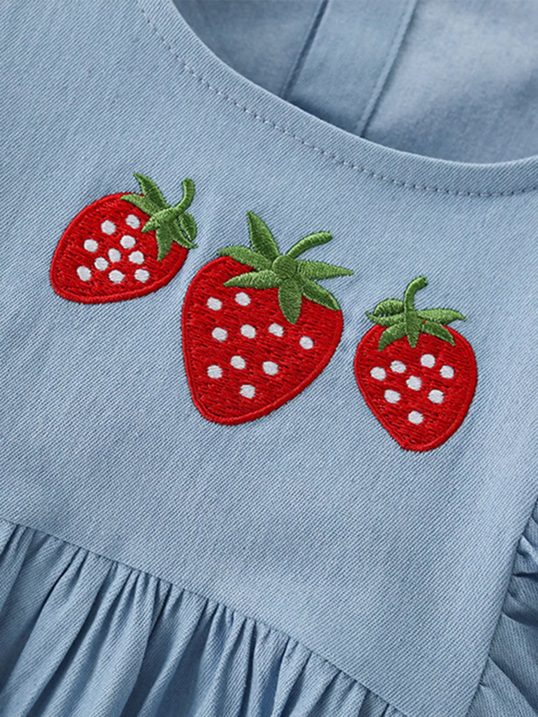 Children's Strawberry Embroidered Puff Sleeve Denim Dress