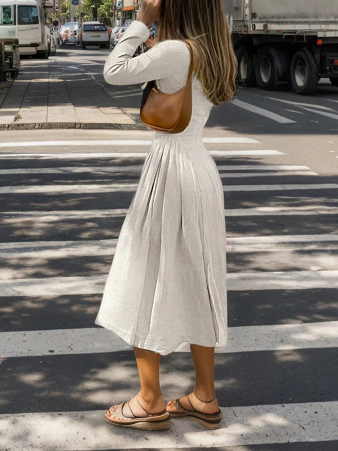 Cutout Front Long Sleeve A-Line Dress