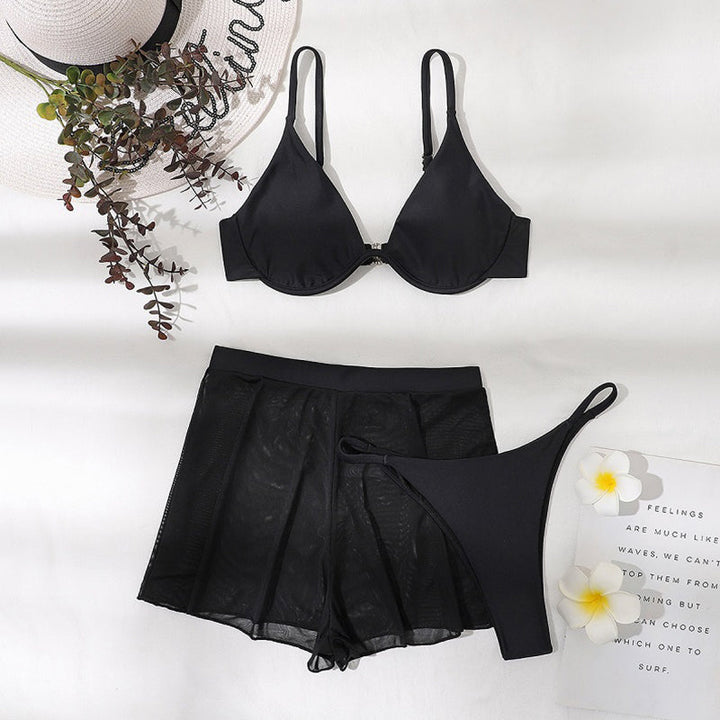 Push Up Bikini Set Sexy Solid Swimsuit Women Mesh Pants Bathing Suits Swimwear