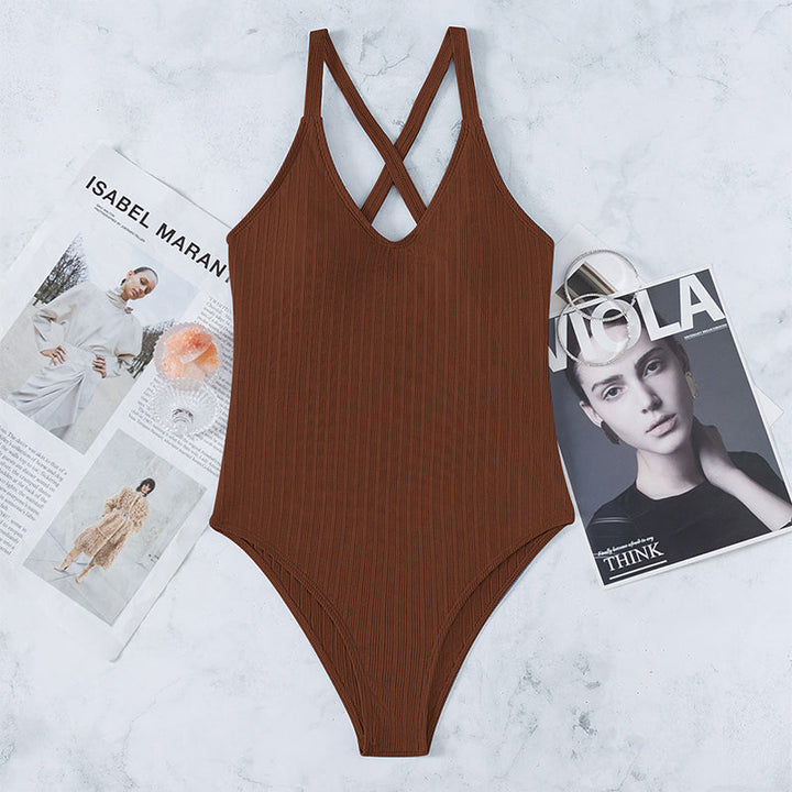V-Neck One Piece Swimsuit Women Sexy Solid Bathing Suits High Cut Swimwear
