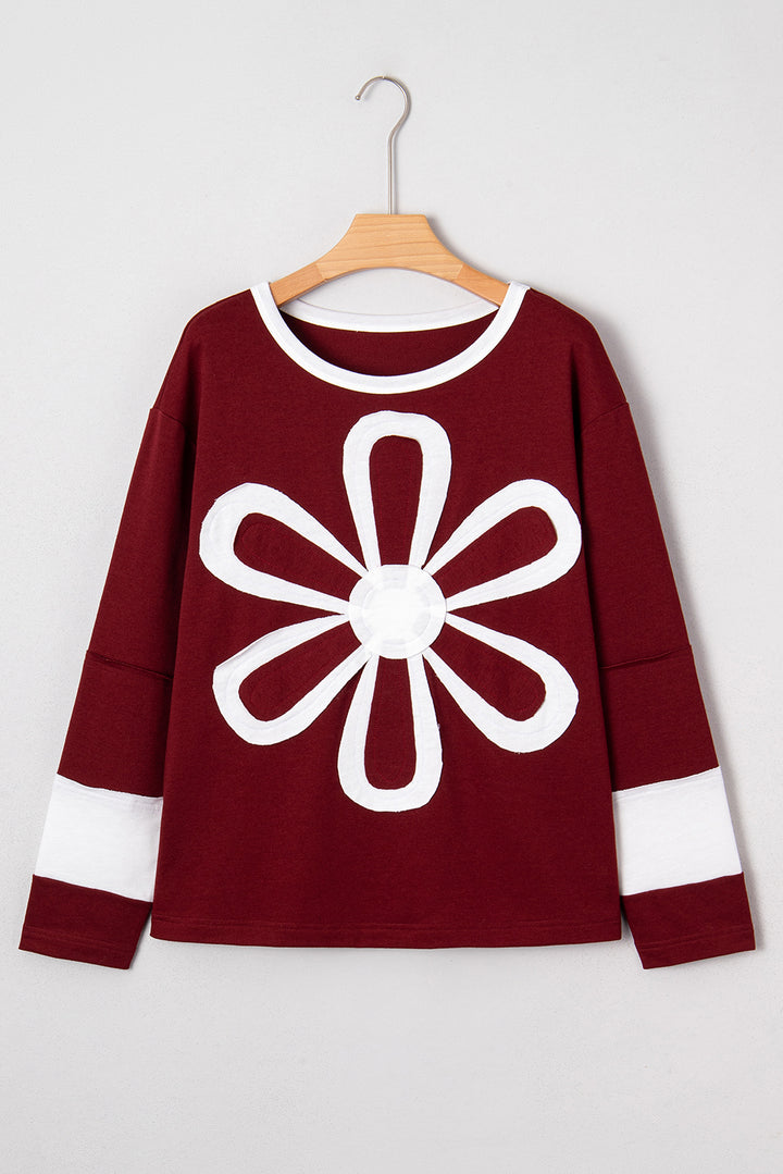 Red Dahlia Cheerful Daisy Flower Patched Round Neck Long Sleeve Top