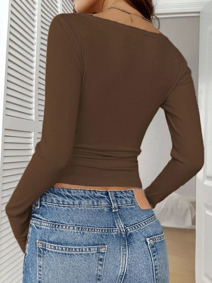 Ribbed Knit Lace Trim Long Sleeve T-Shirt