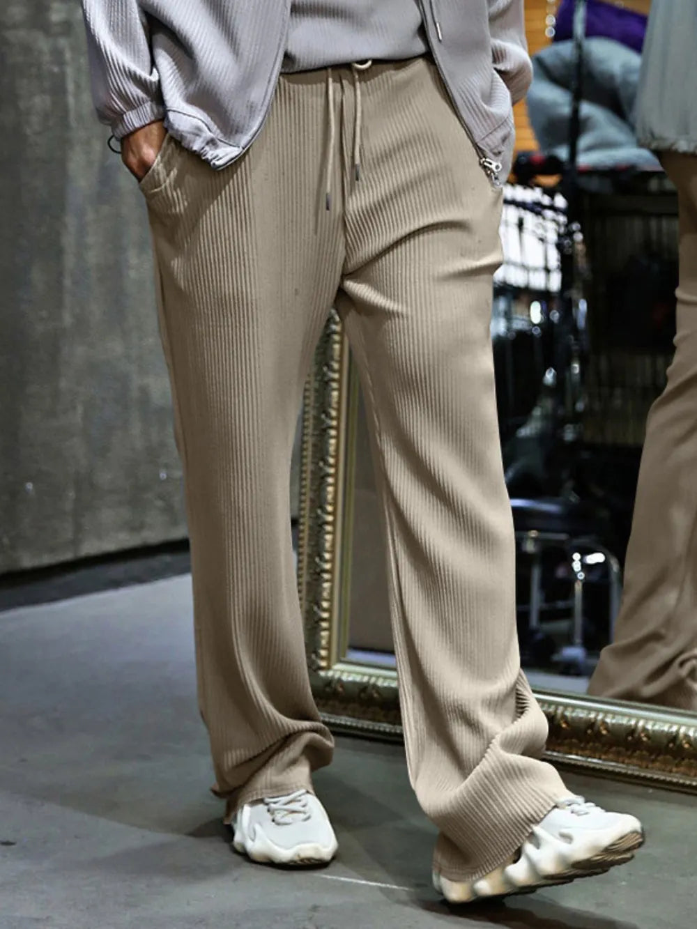 Men's Full Size Ribbed Drawstring Wide Leg Pants with Plus Size