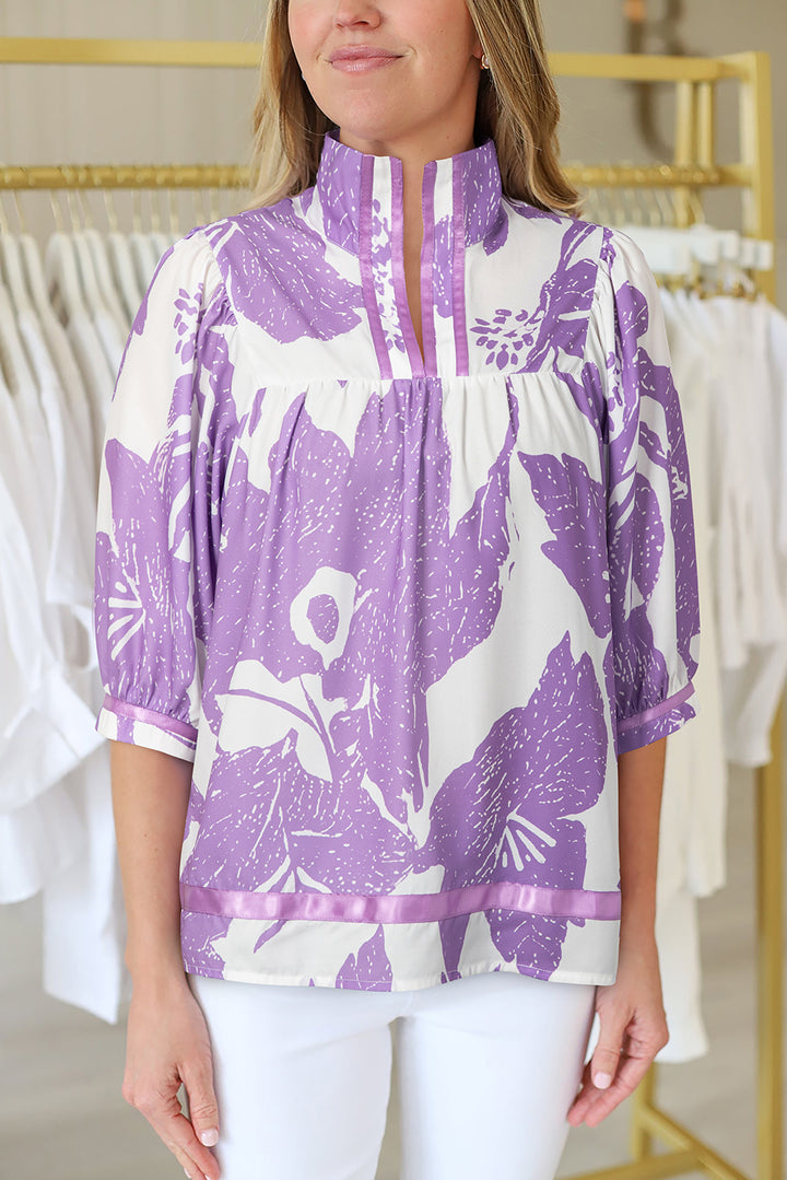 Purple Leafy Print 3/4 Sleeve Striped Trim Split Neck Blouse