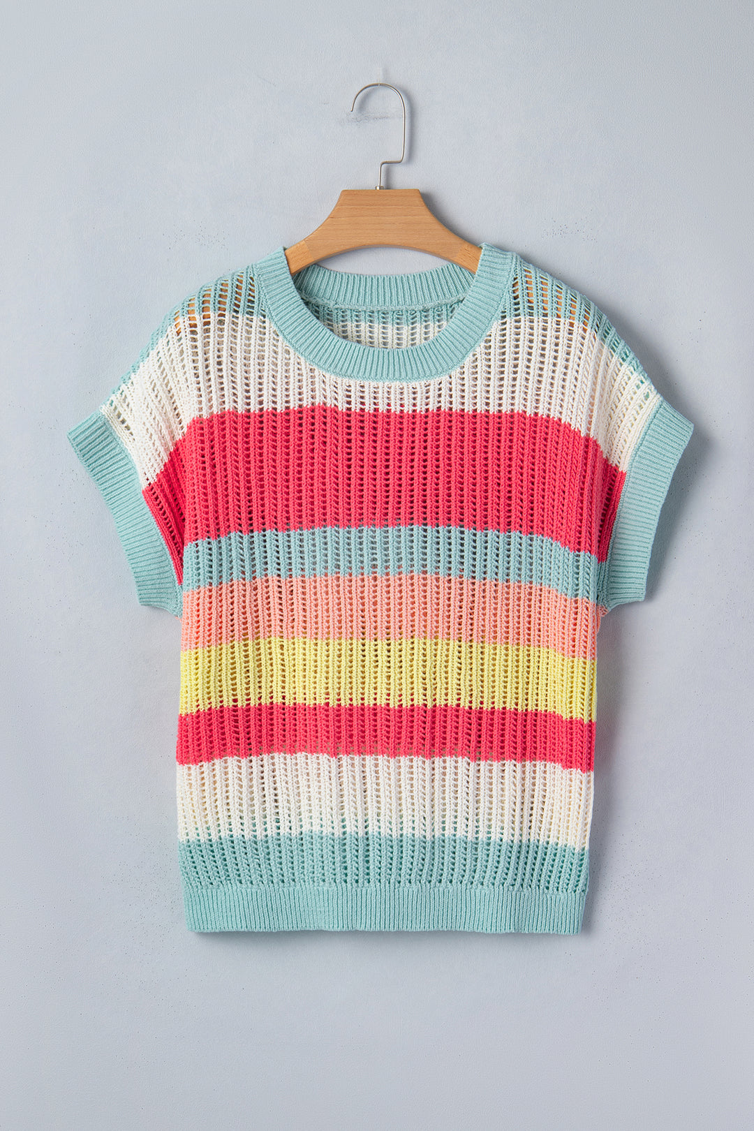 Green Stripe Color Block Hollow Out Knit Short Sleeve Sweater