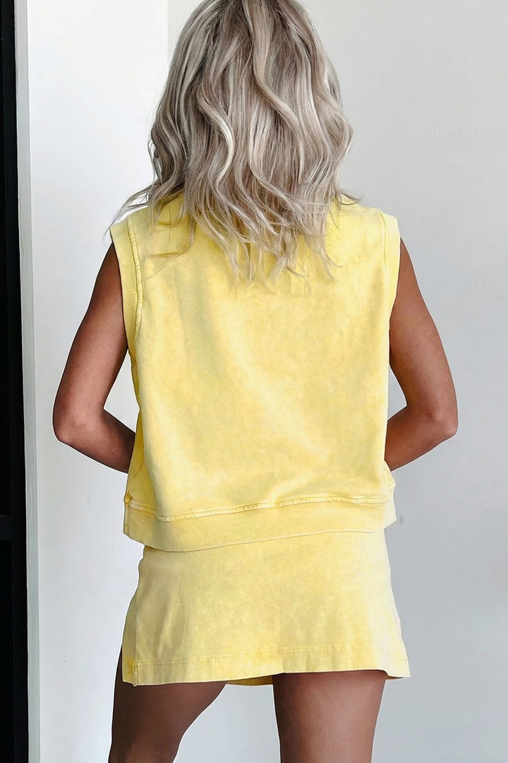 Yellow Cream 2 Pieces Mineral Wash Cotton Tank Top Lined Split Skort Set