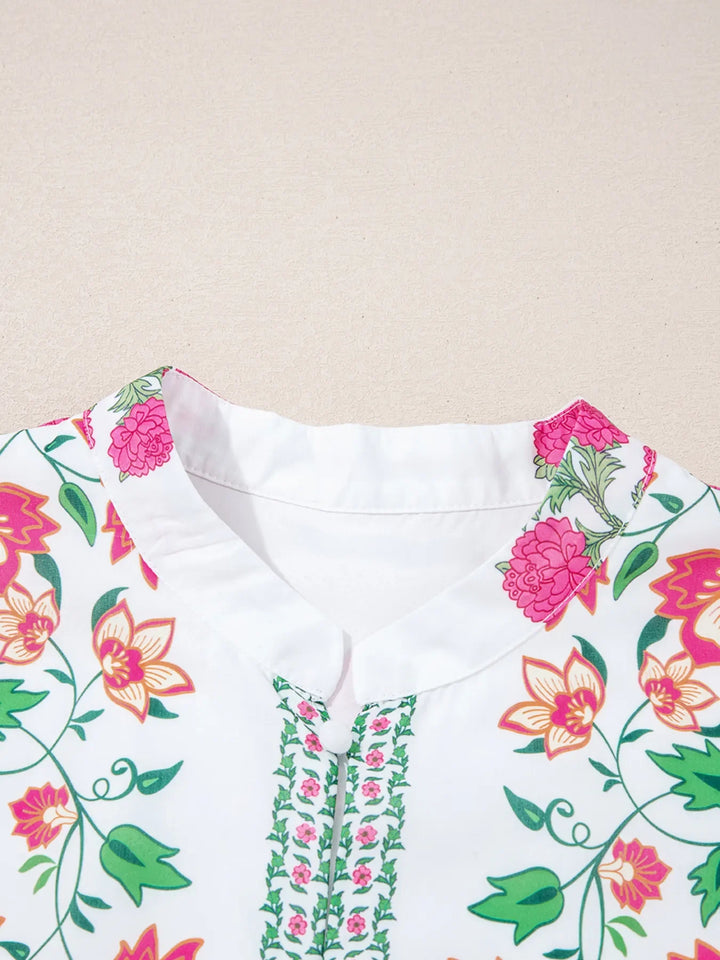 Floral Print Half Button Mandarin Neck 3/4 Sleeve Maxi Dress