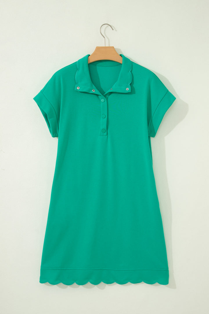Sea Green Solid Color Snap Button Polo Collar Short Sleeve Scallop Hem Mini Dress