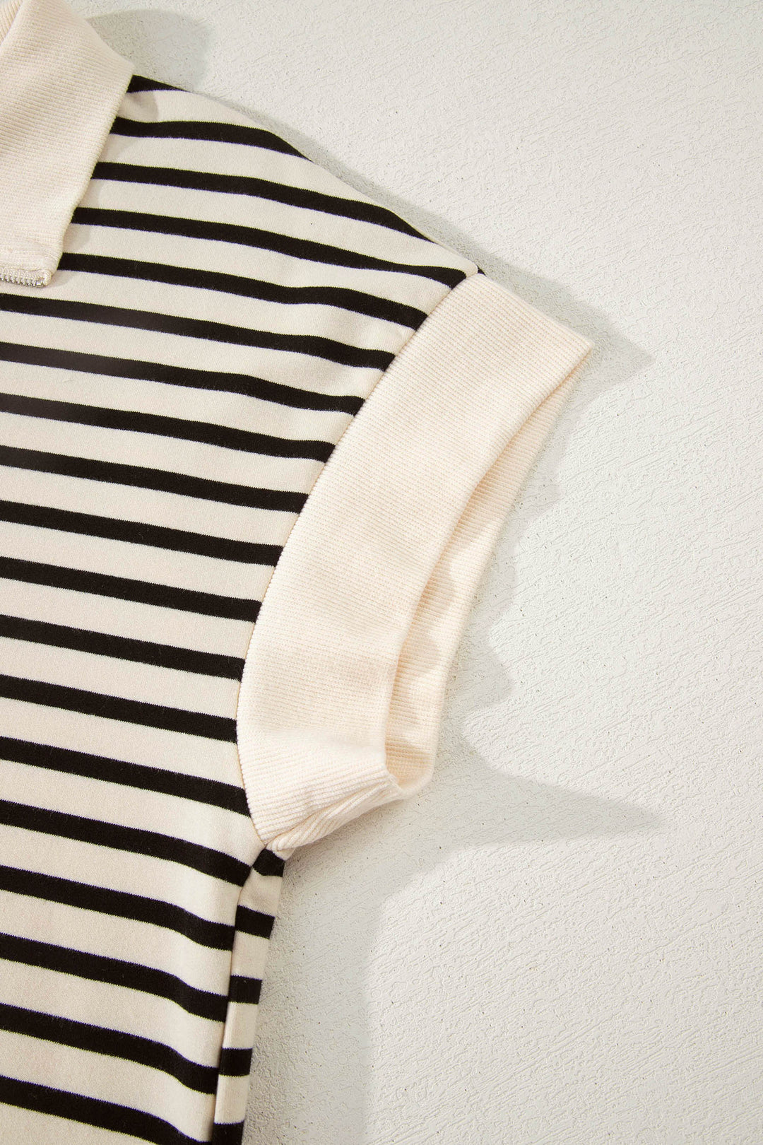 Black Stripe Ribbed Color Block Trim Zip Polo Tee Drawstring Shorts 2pcs Outfit