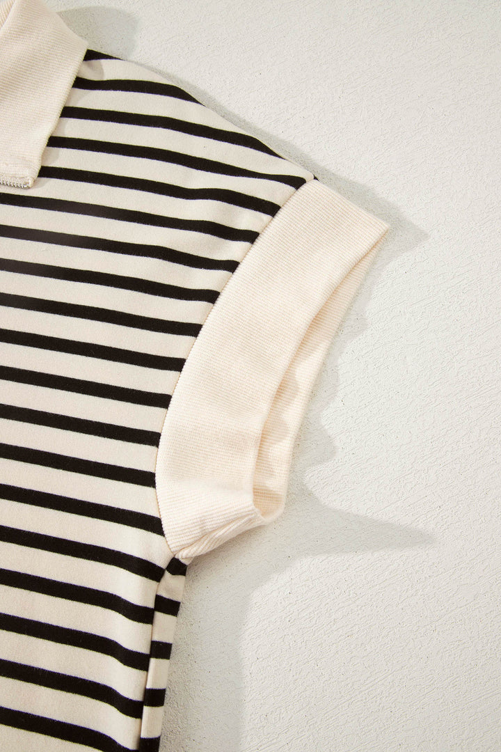 Black Stripe Ribbed Color Block Trim Zip Polo Tee Drawstring Shorts 2pcs Outfit