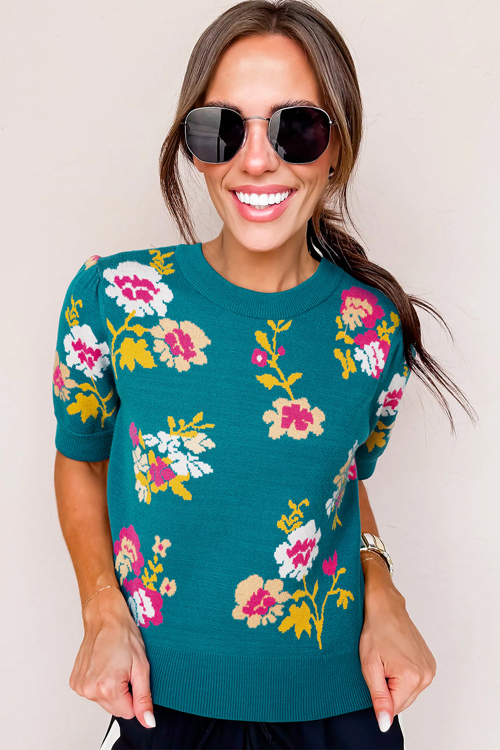 Blue Flower Pattern Mock Neck Short Sleeve Knitted T Shirt
