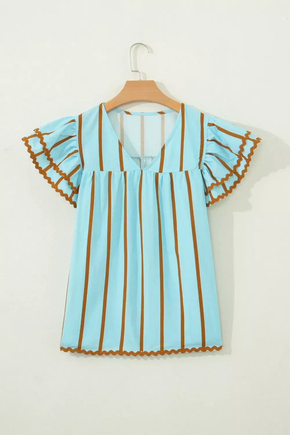 Stripe Ricrac Trim Double Ruffled Short Sleeve V Neck Blouse