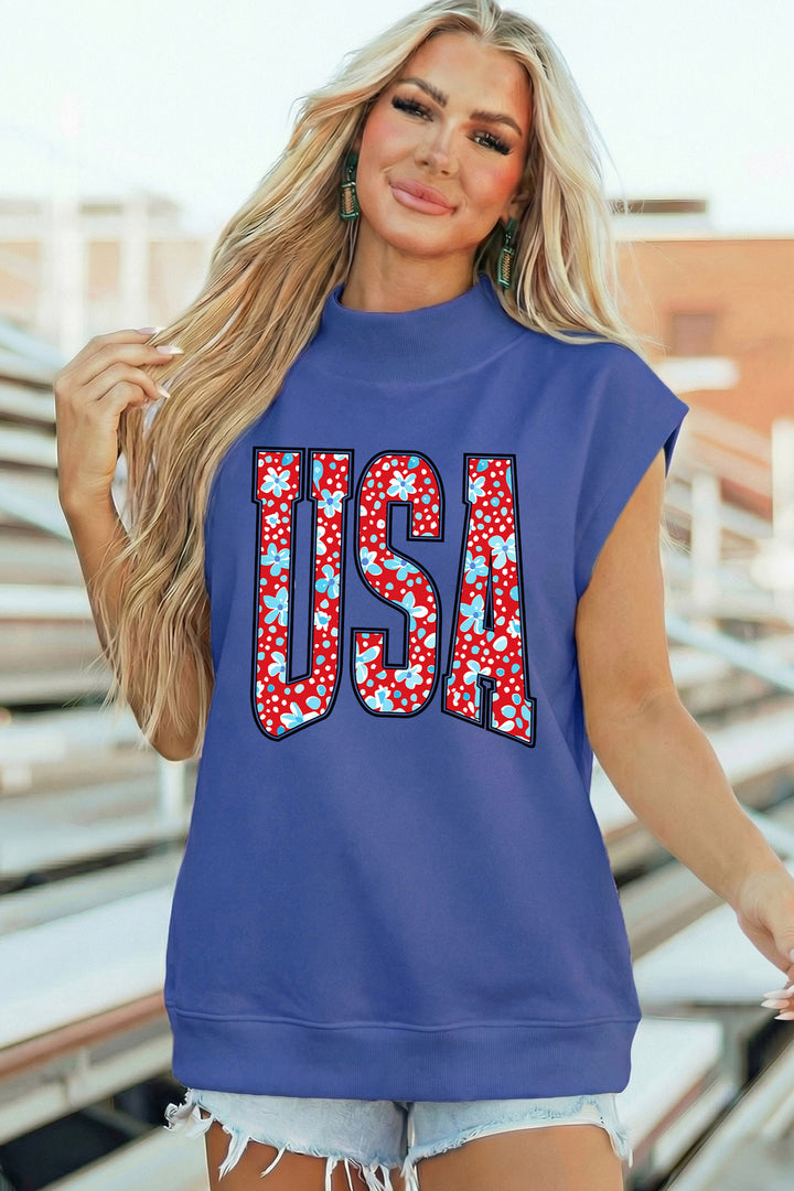 Sky Blue USA Floral Lettering Print High Neck Short Sleeve Top