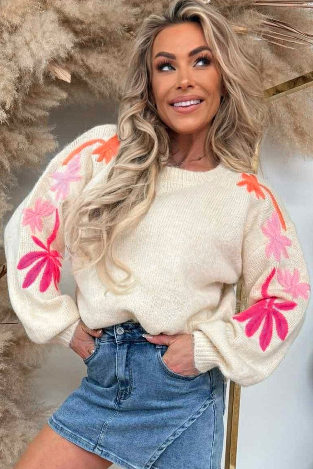 Beige Embroidered Floral Sleeve Round Neck Loose Sweater